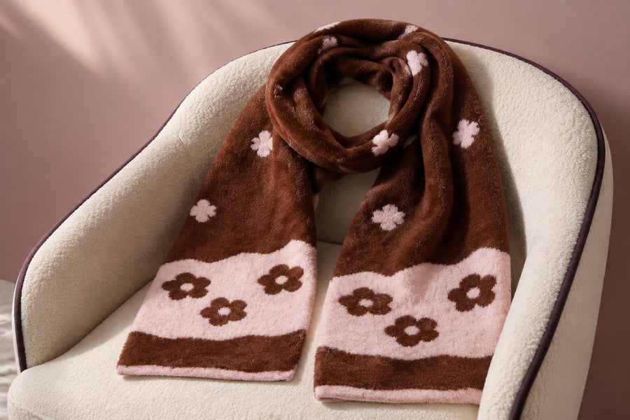 Brown and pale-pink floral scarf arranged on an almond-cream chair