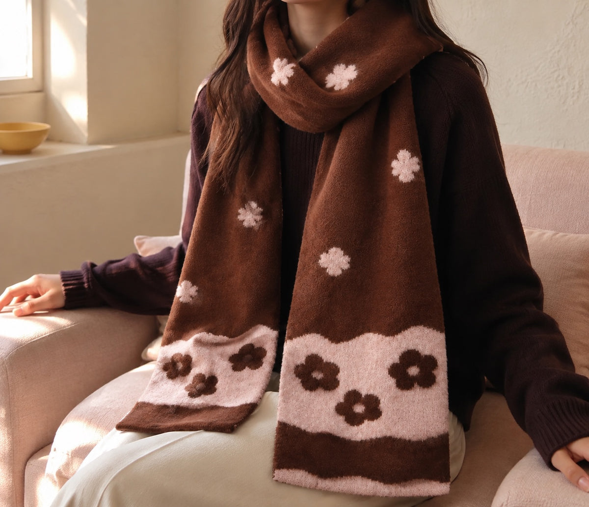Brown and pale-pink floral scarf styled over an ink-plum knit top in a warm apartment