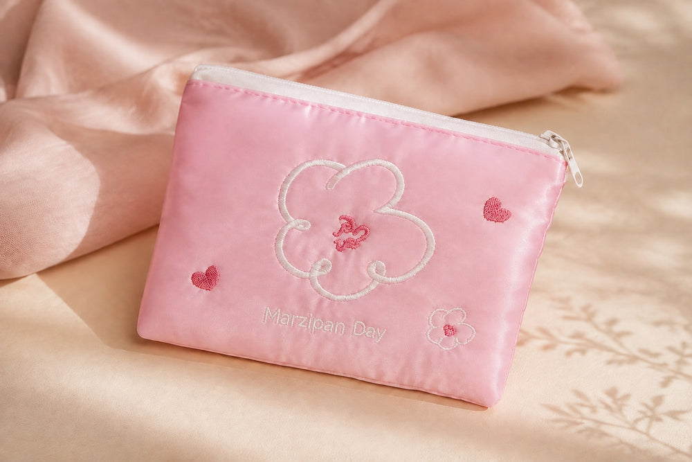 Pink embroidered cosmetic pouch styled on cream and blush fabric